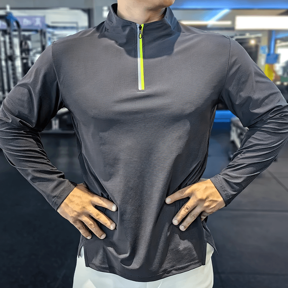 Men's Half Zip Training Top with Side Hem Slits - SF4738, front view showcasing athletic fit and stand collar.