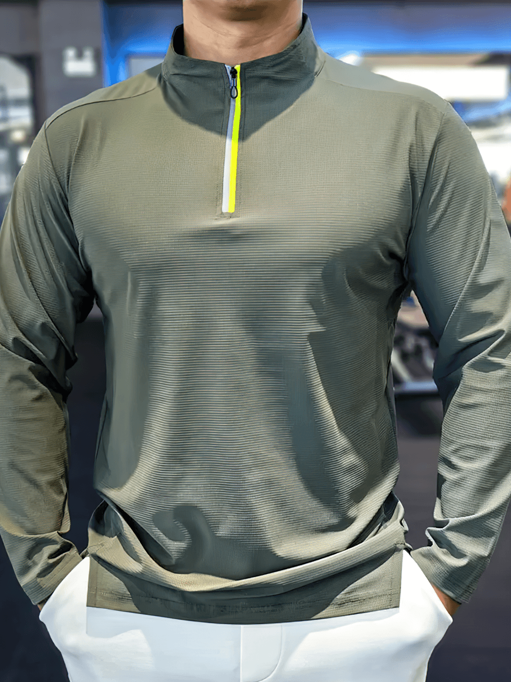 Men's Half Zip Training Top with Side Hem Slits - SF4738 in olive color, perfect for gym workouts and active wear.
