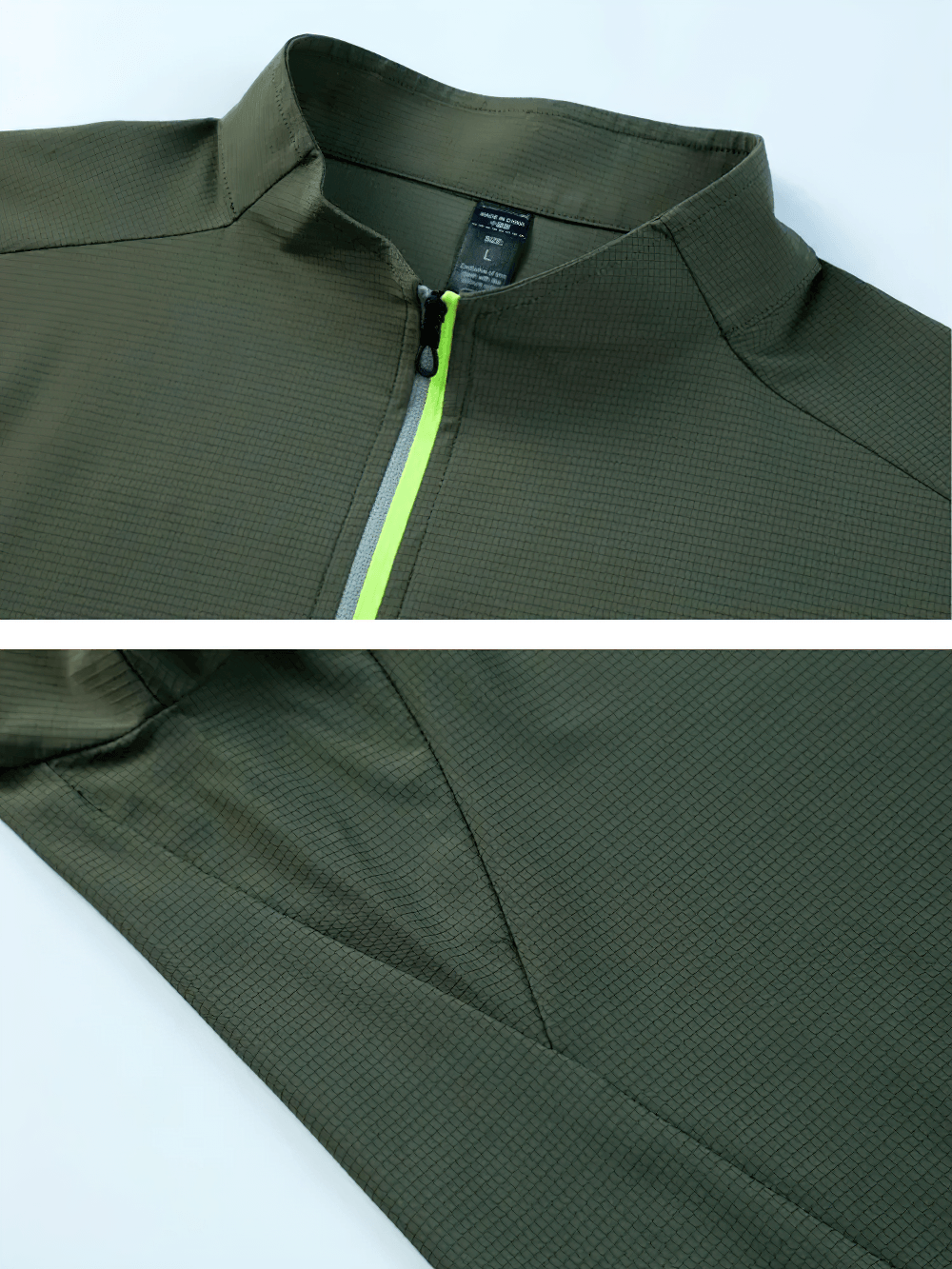 Men's Half Zip Training Top with Side Hem Slits - SF4738 close-up of collar and side hem detail in olive color.