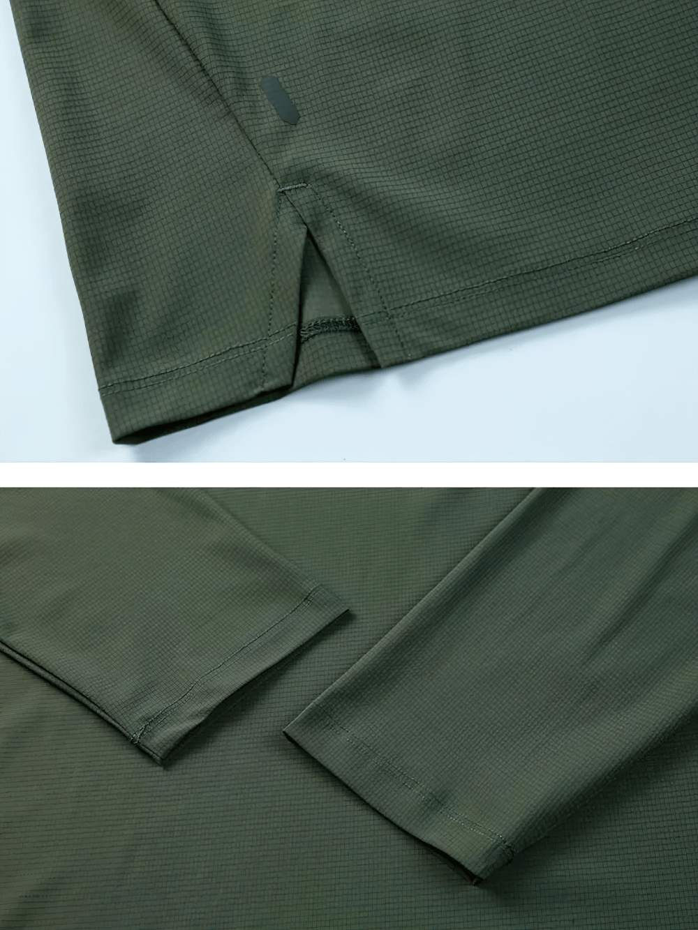 Men's Half Zip Training Top with Side Hem Slits - SF4738 close-up of olive fabric and side hem slits for active movement.