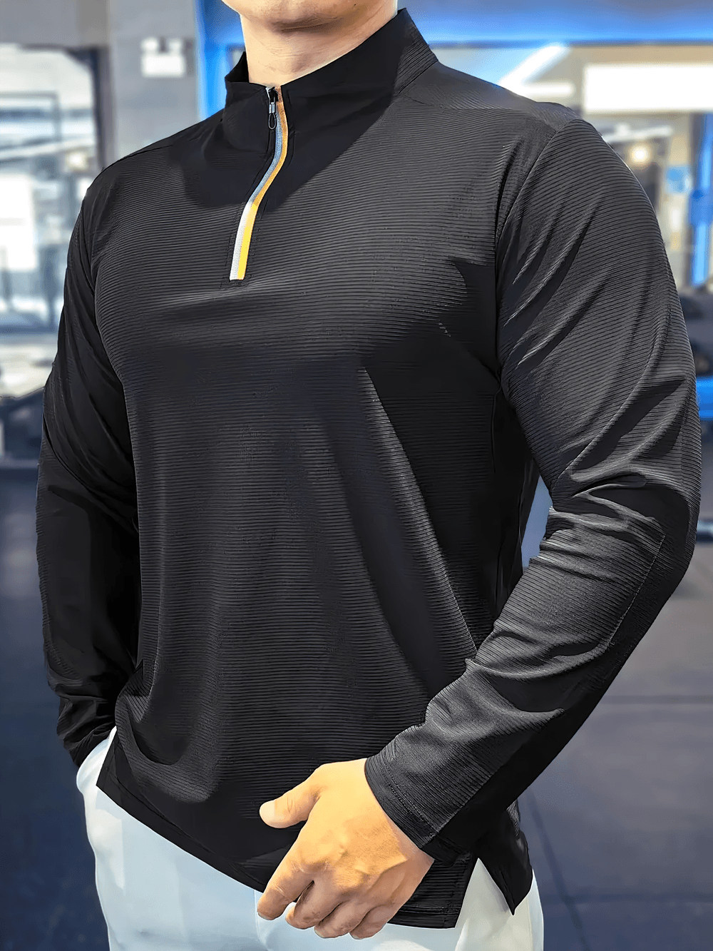 Men's Half Zip Training Top with Side Hem Slits - SF4738 in black with stand collar and zippered design.