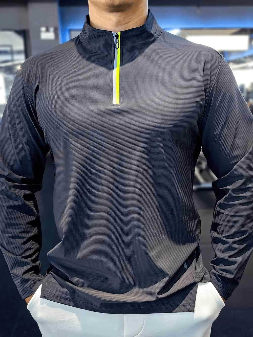 Men's Half Zip Training Top with Side Hem Slits - SF4738 in black and yellow, perfect for gym workouts and active wear.