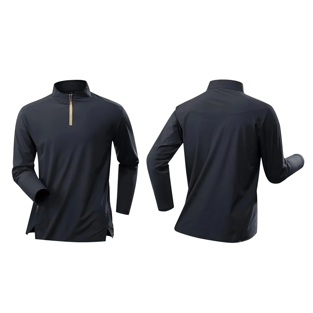 Men's Half Zip Training Top with Side Hem Slits - SF4738 in black with stand collar and long sleeves.