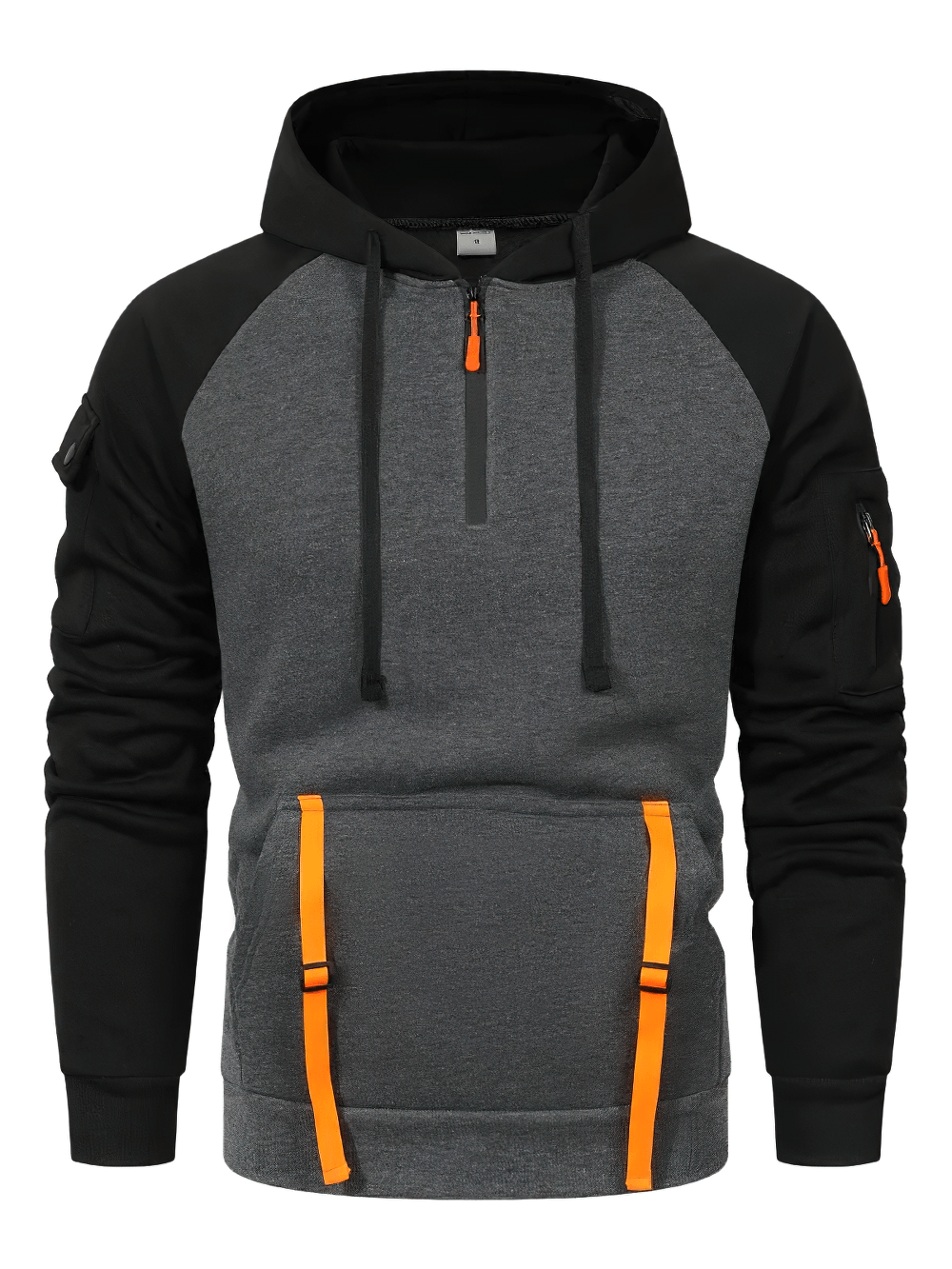Men's Half-Zip Utility Hoodie with Strap Pocket - SF4719 in black and grey with stylish orange details.