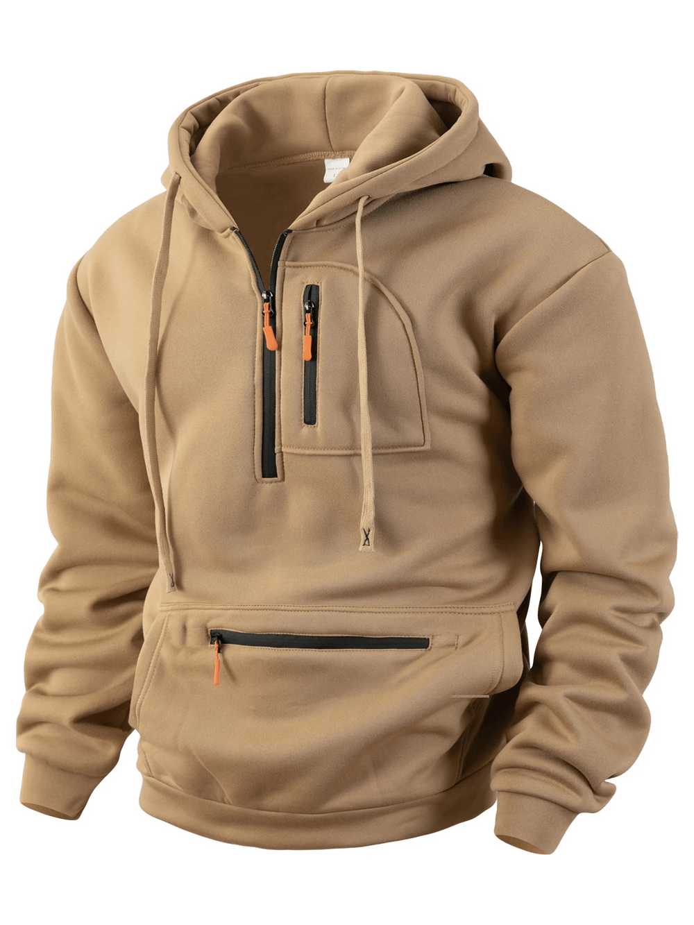 Men's Half Zip Utility Hoodie with Zipper Pocket - SF4616 in tan color showcasing a modern, athletic design with zip pockets.