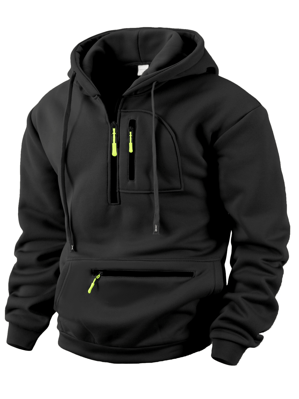 Men's Half Zip Utility Hoodie with Zipper Pocket - SF4616 in black with neon zipper details.