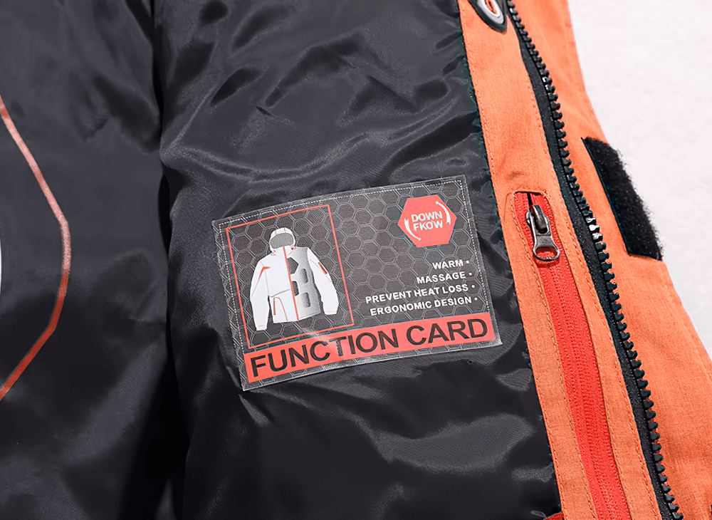 Inner view of Men's Hooded Duck Down Jacket with function card showing thermal insulation details and orange zipper.