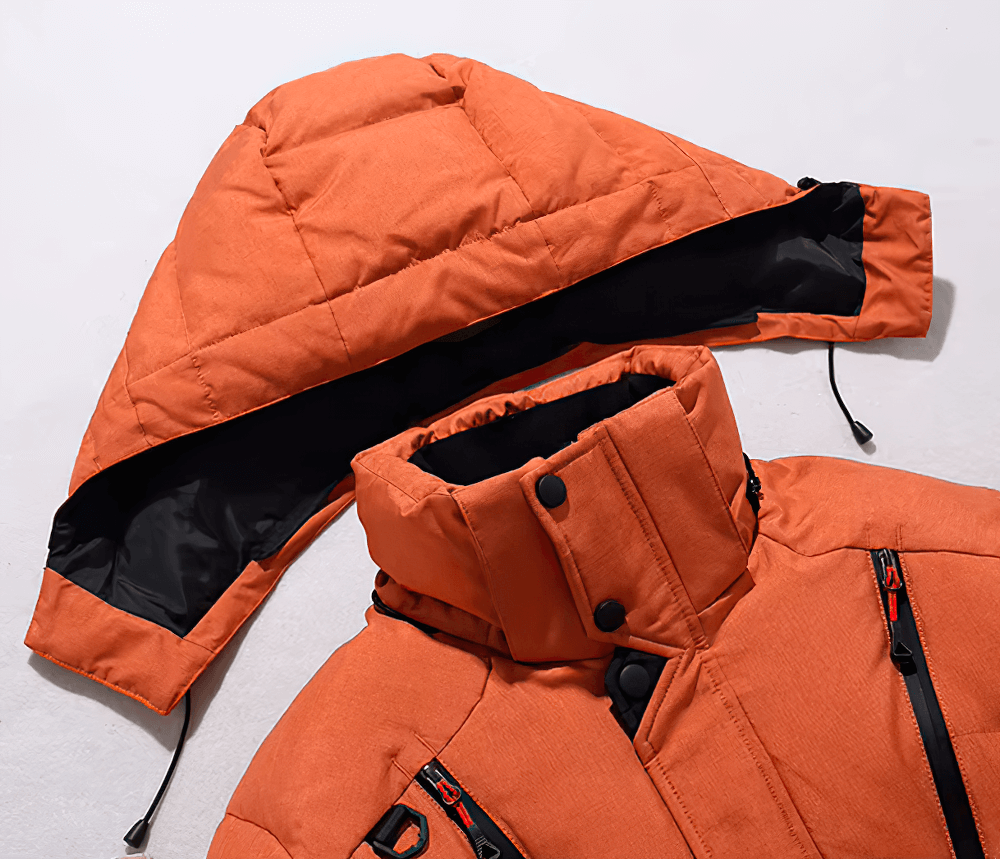 Men's Duck Down Winter Parka with Detachable Hood - Warm Orange Jacket with Pockets and Zipper Closure for Outdoor Adventures