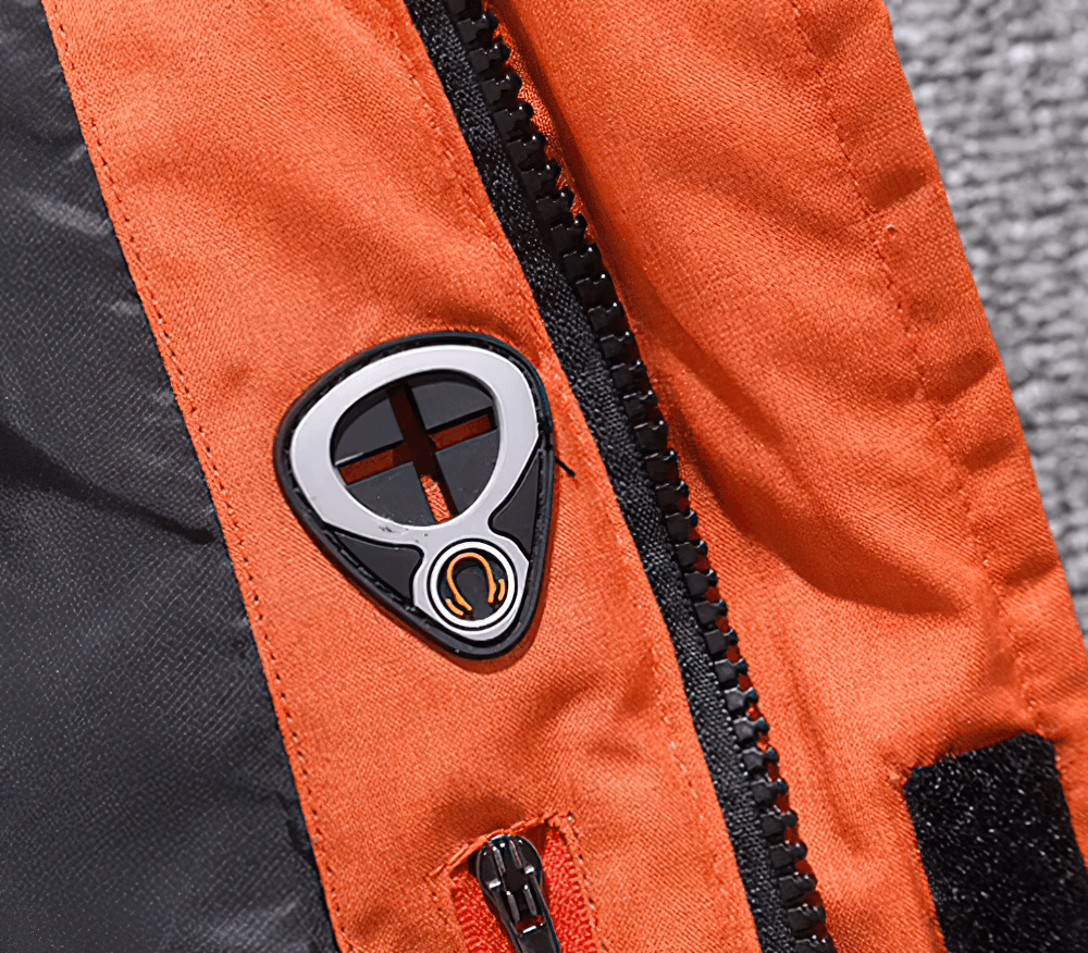 Close-up of orange Men's Hooded Duck Down Thick Jacket Parka zipper and design detail for winter warmth and style.