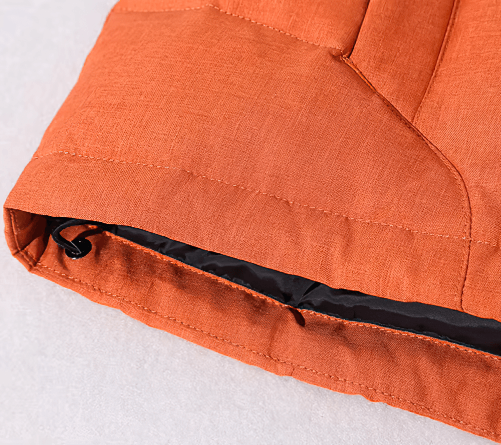 Close-up of Men's Hooded Duck Down Parka SF2267 in orange showing fabric texture and detailing.