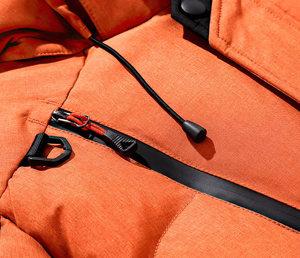 Close-up of SF2267 Men's Thermal Hooded Down Parka in orange, showcasing durable zipper and detachable hood design for winter comfort.