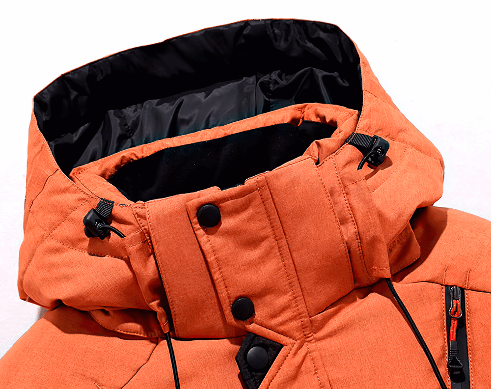 Orange men's duck down hooded jacket parka with detachable hat and zipper closure, perfect for winter warmth and style.