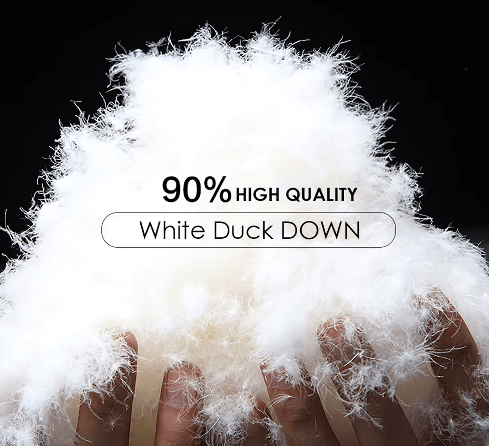 Hands holding high-quality 90% white duck down for Men's Thermal Hooded Jacket, emphasizing warmth and insulation.