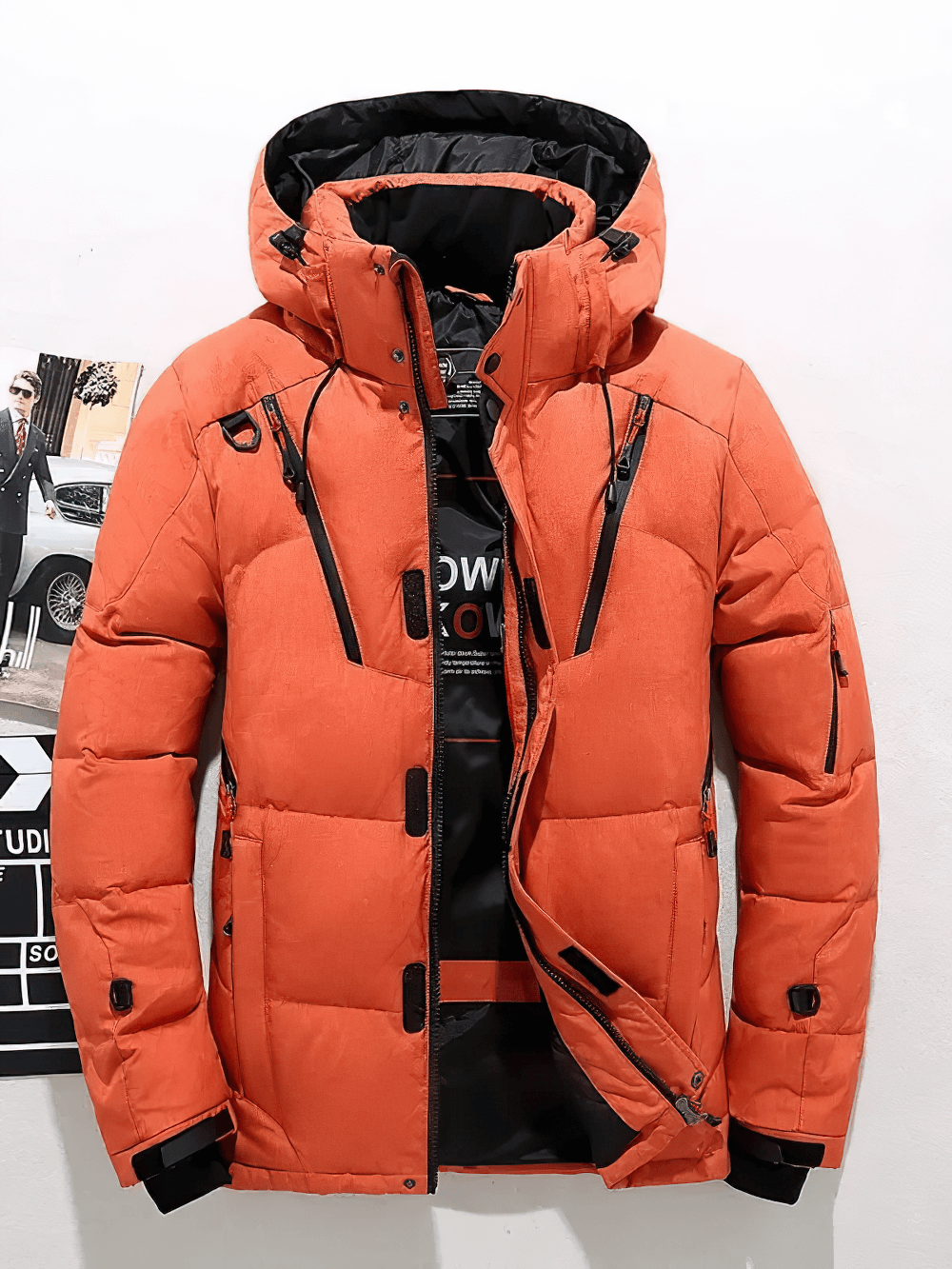 Men's Hooded Duck Down Thick Jacket Parka SF2267 in stylish orange with detachable hat, full-length sleeves, and multiple pockets.