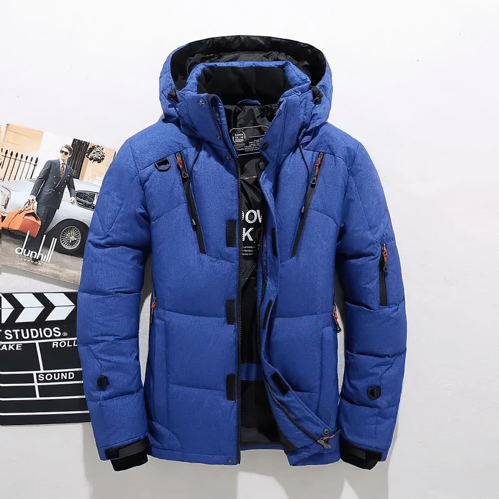 Blue men's hooded duck down winter parka - SF2267 with detachable hood, perfect for staying stylish and warm outdoors.