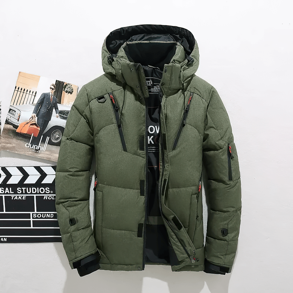 Men's hooded green duck down winter parka, SF2267, with detachable hood and multiple pockets, ideal for outdoor adventures.