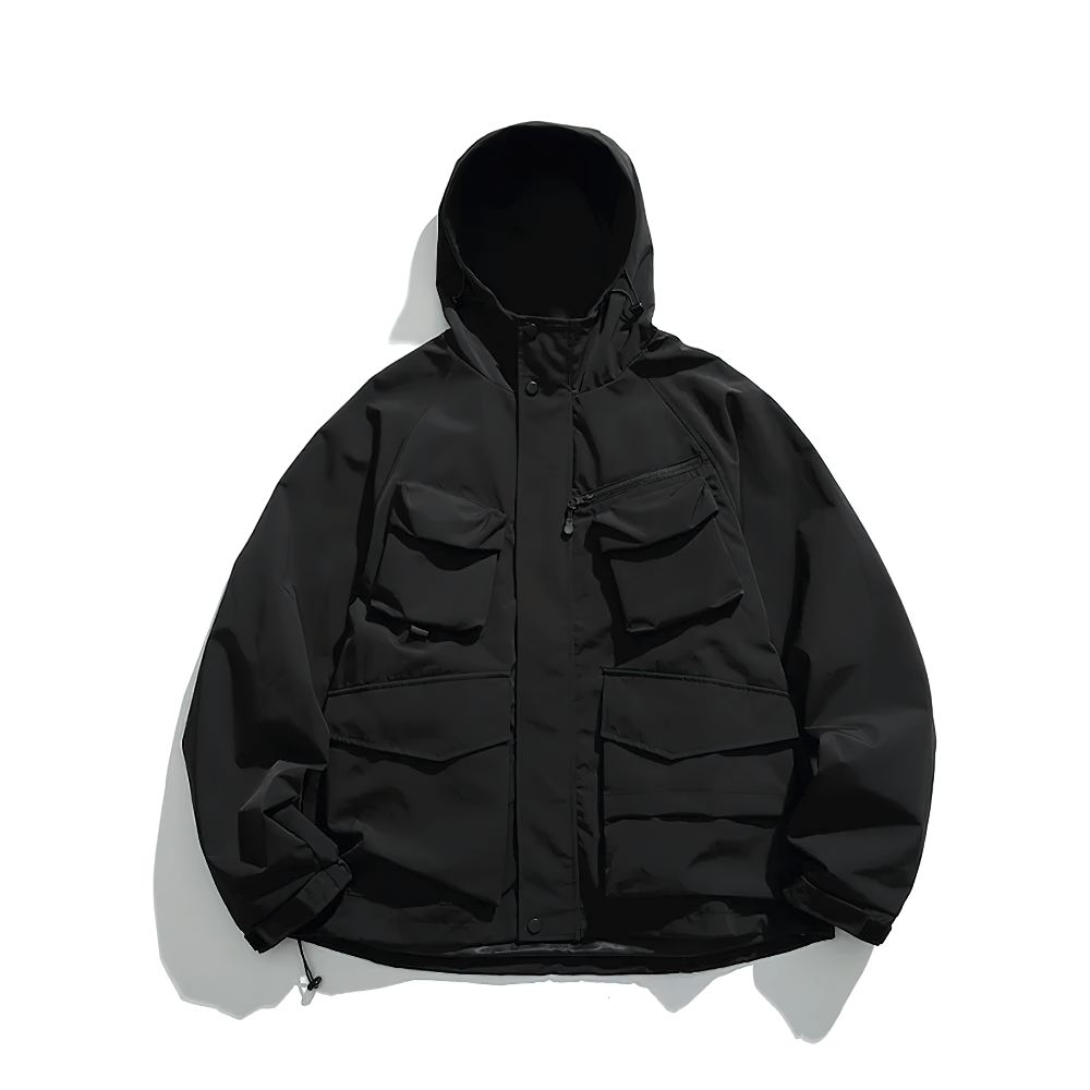 Men's hooded jacket with multi-pocket design in black, featuring adjustable drawstring hood and durable polyester fabric for outdoor use.