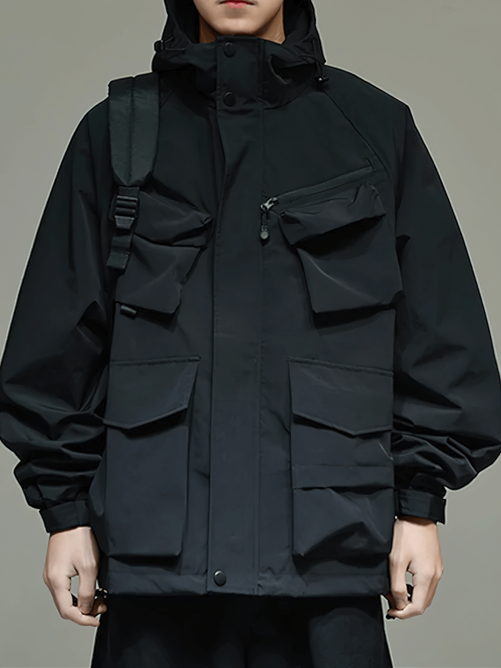 Men's black hooded jacket SF2263 with multi-pocket design, perfect for outdoor streetwear. Rugged style with adjustable drawstring hood.