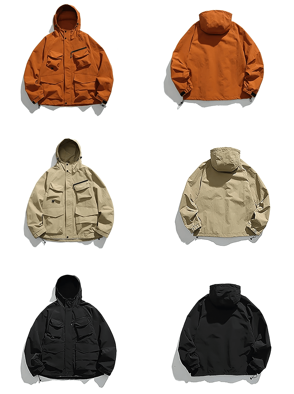 Men's hooded jackets in orange, beige, and black with multi-pocket design, shown front and back view - SF2263 model.