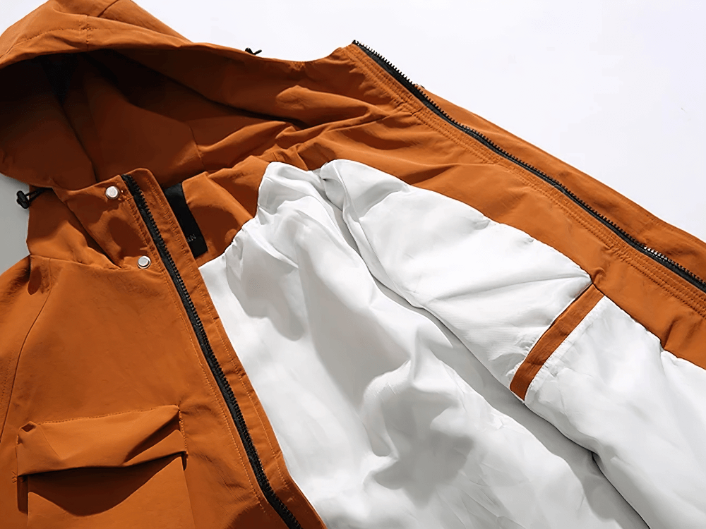 Men's hooded utility jacket SF2263 with multi-pocket design, adjustable hood, and orange lining. Perfect for streetwear and outdoor activities.