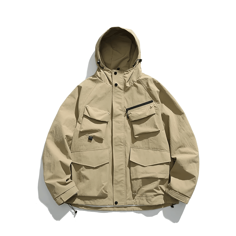 Men's durable utility jacket SF2263 with adjustable hood and multi-pocket design in beige, ideal for streetwear and outdoor activities.