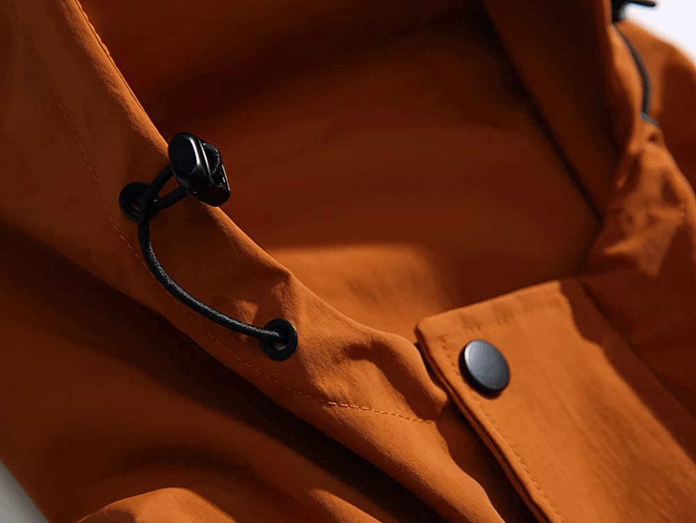 Close-up of adjustable drawstring on men's orange hooded utility jacket SF2263, highlighting durable fabric and modern design elements.