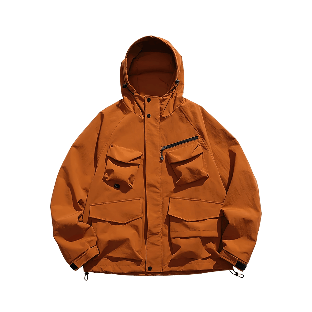 Men's durable hooded jacket with multi-pocket design, ideal for outdoor activities and streetwear. Versatile in orange with full-zip closure.