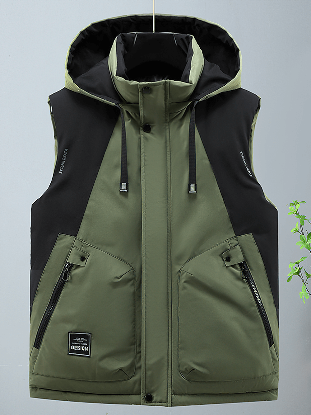 Men's hooded patchwork vest with turtleneck, zipper closure, in green and black - perfect for autumn and winter layering.