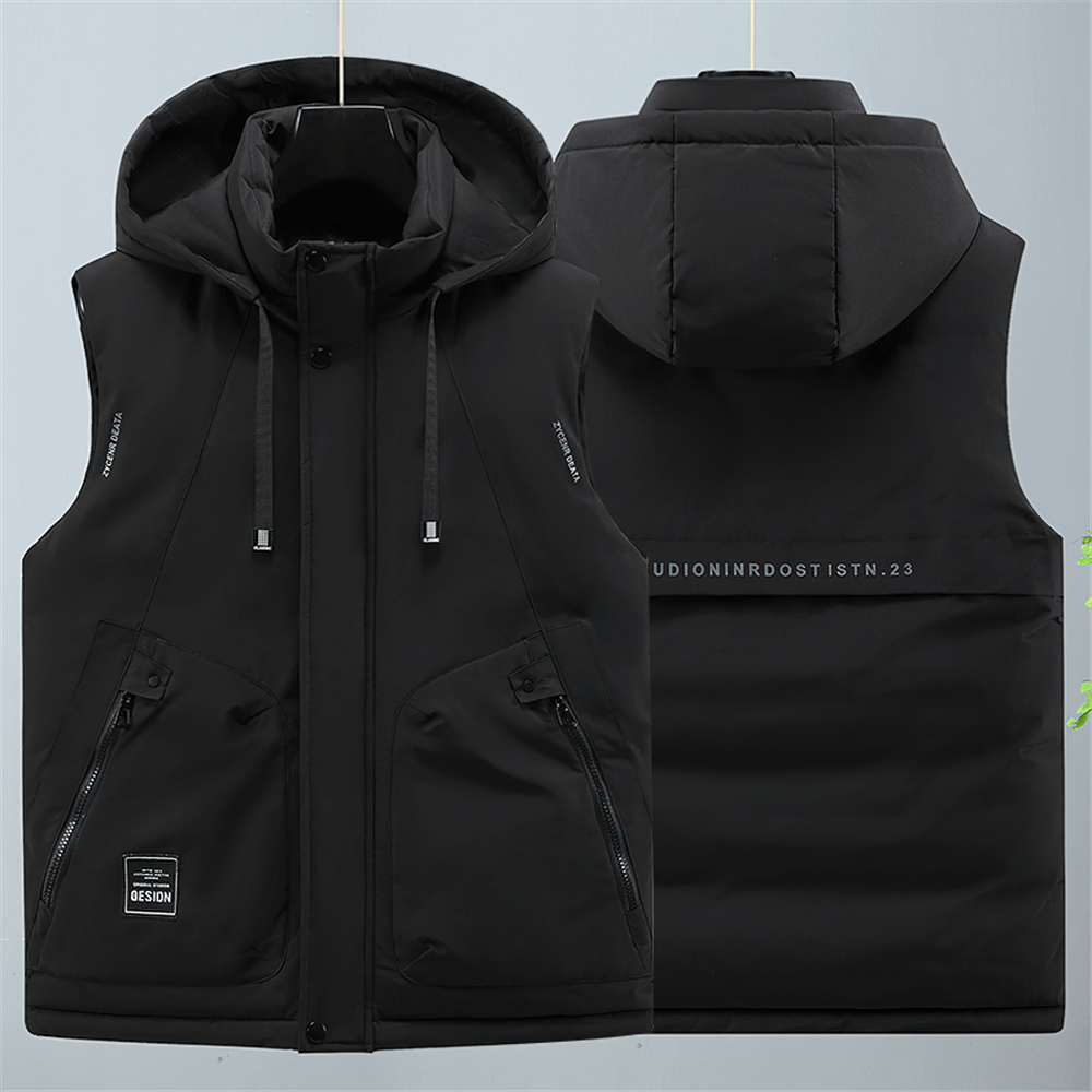Men's Black Hooded Patchwork Vest with Zipper and Turtleneck Collar, SF2475, Perfect for Autumn and Winter Layering.