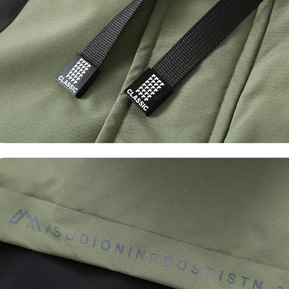 Close-up of men's hooded patchwork vest detailing, featuring stylish green fabric and black drawstrings with zipper closure - model SF2475.