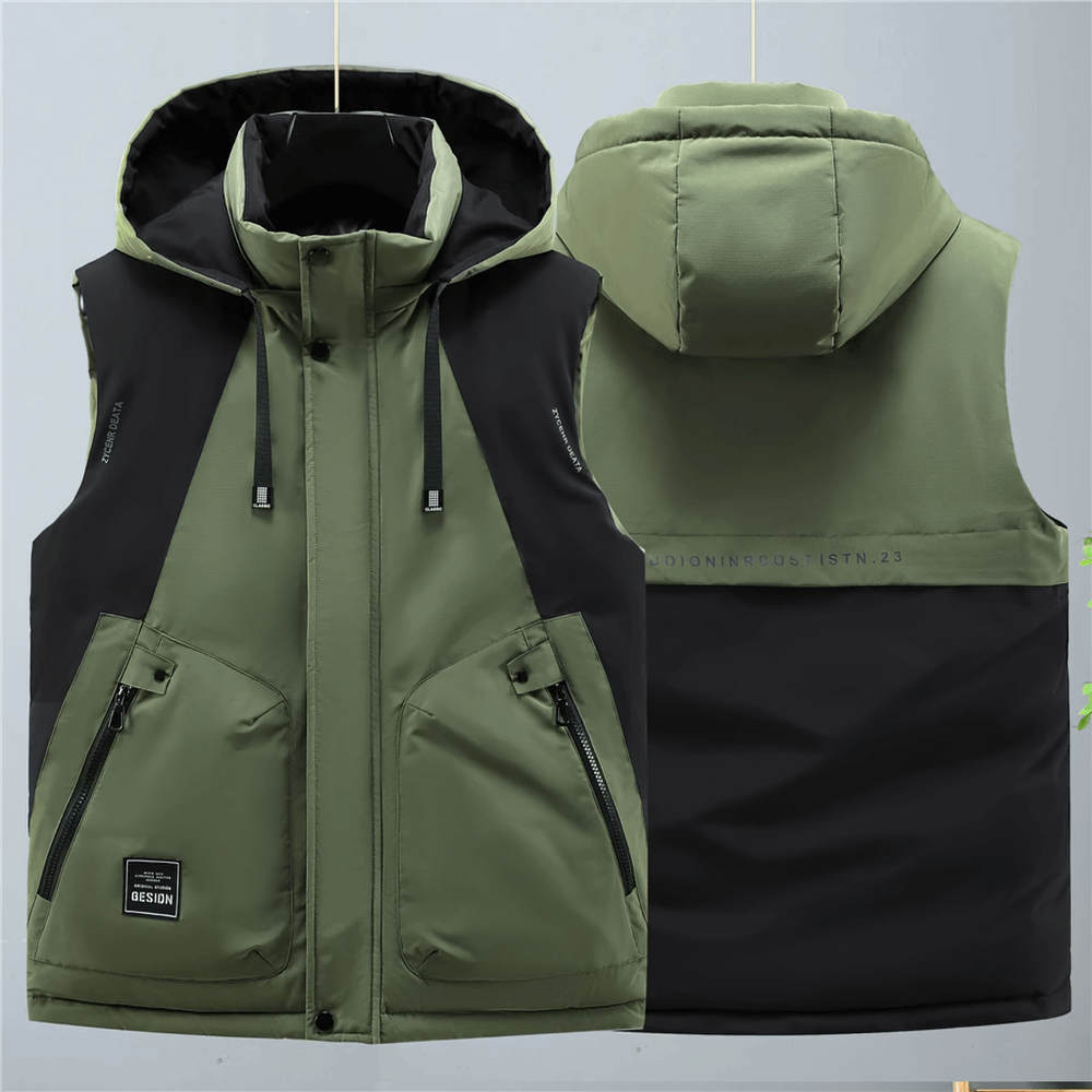 Men's hooded patchwork vest with zipper, turtleneck collar, olive and black color, perfect for autumn and winter outdoor activities.