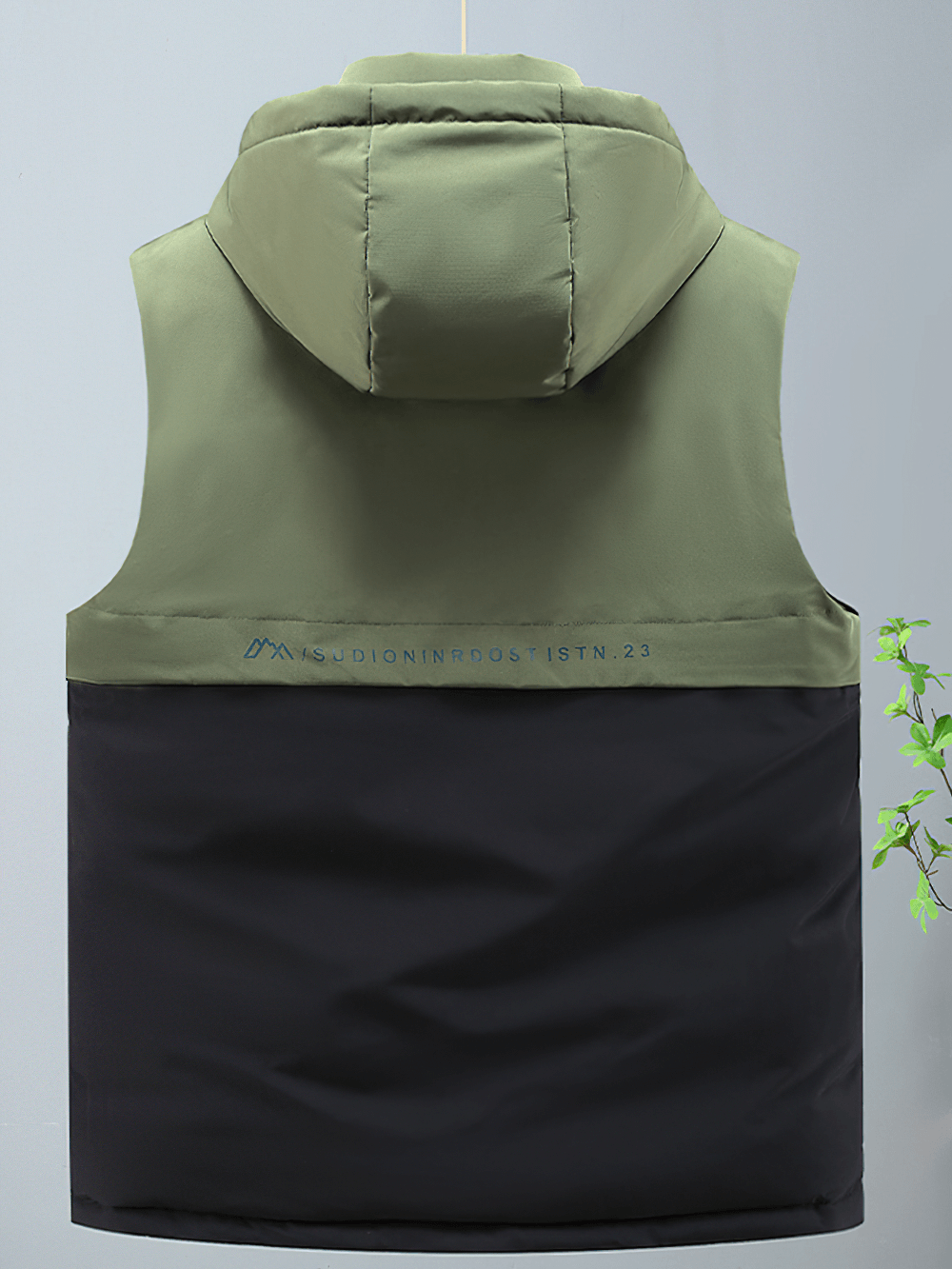 Men's Hooded Patchwork Vest with Zipper in Green and Black, Turtleneck Collar, Autumn-Winter Style, SF2475