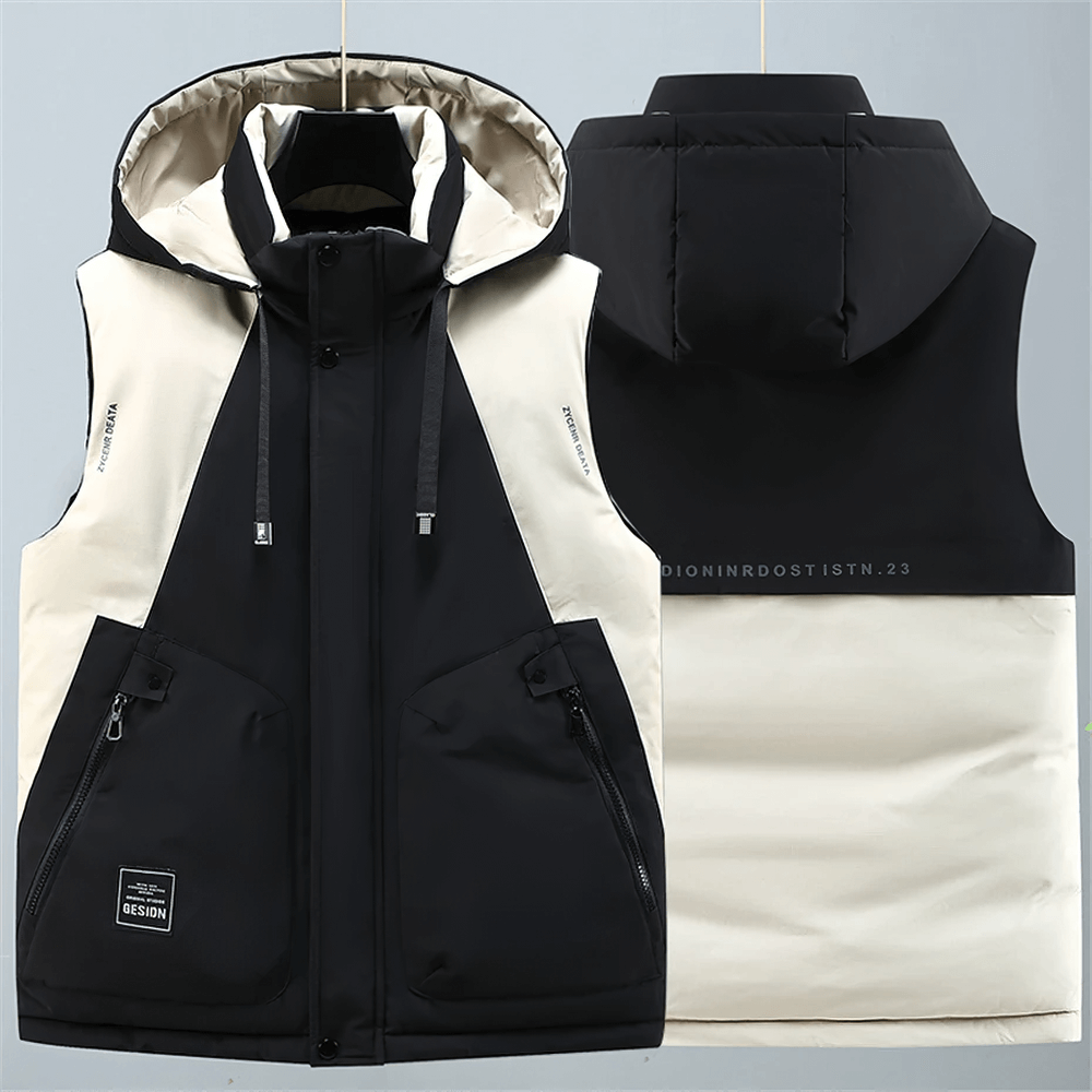 Men's hooded patchwork vest with turtleneck collar and zipper, perfect for stylish autumn and winter outfits. SF2475.