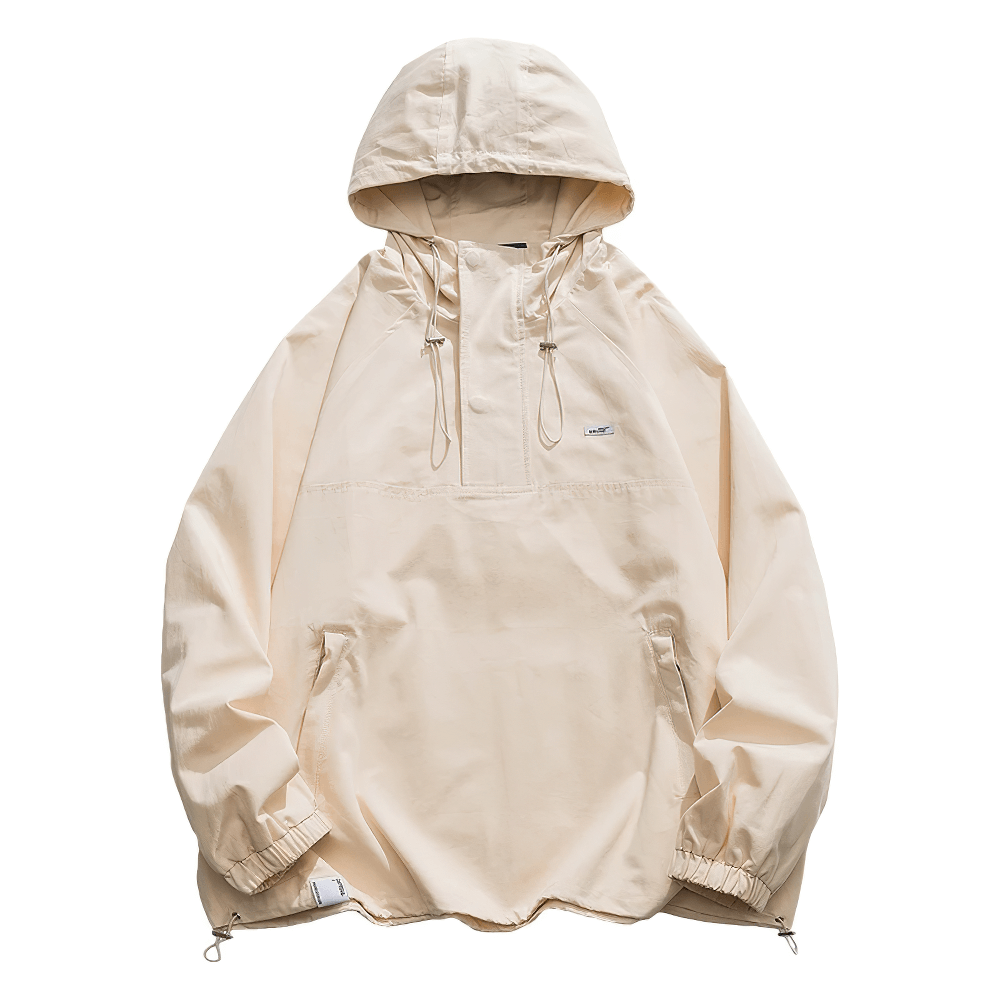 Men's hooded pullover jacket, streetwear style SF2271, in cream color with half-zip and adjustable hood, perfect for layering.