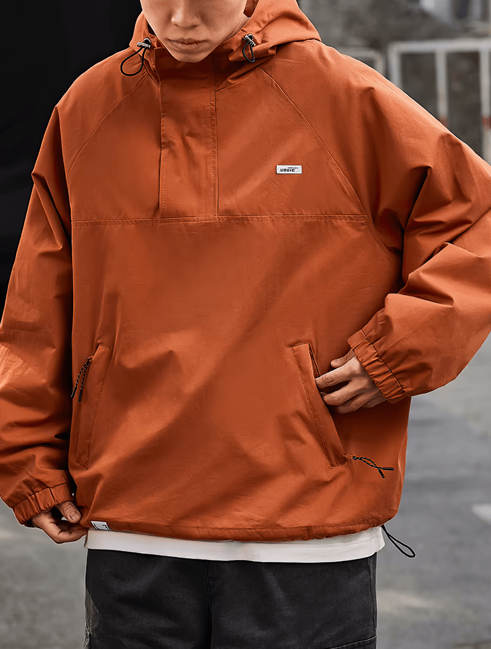 Trendy men's half-zip hooded pullover jacket in rust color, perfect streetwear style with adjustable hood and ribbed cuffs - SF2271.