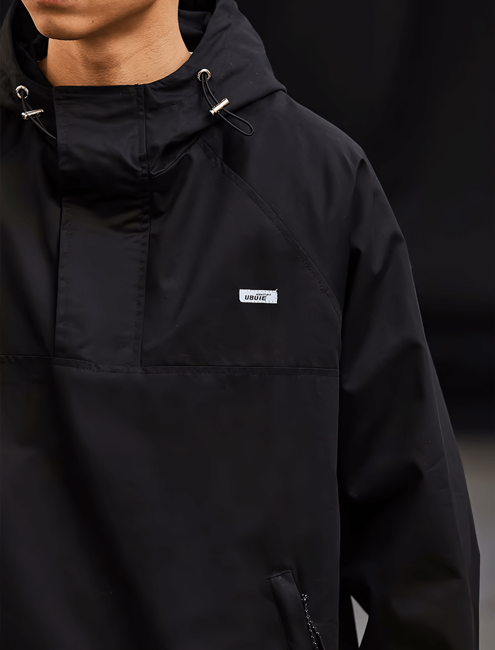 Men's black hooded pullover jacket streetwear style with half-zip and adjustable hood, crafted from durable cotton material - SF2271