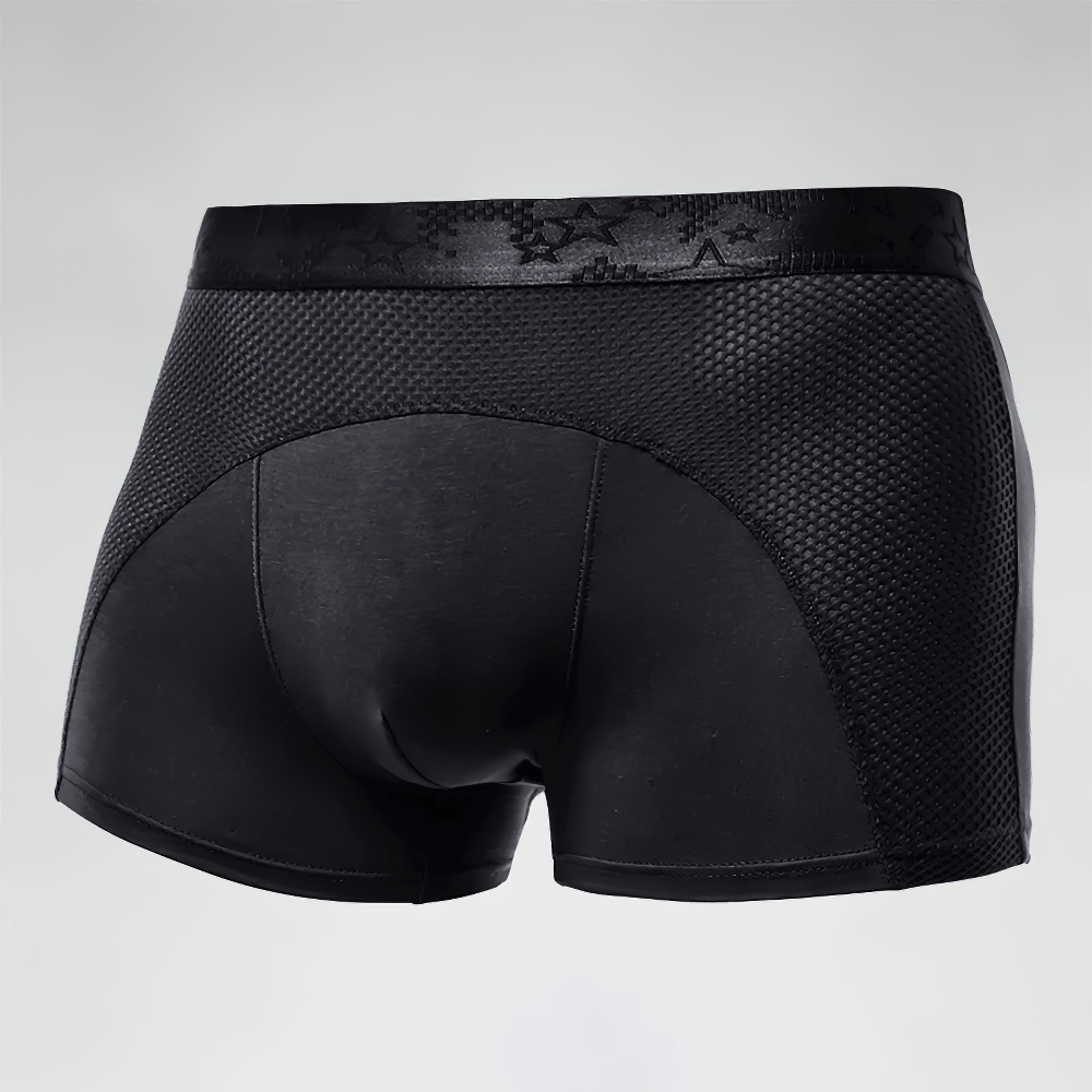 Men's Ice Mesh Boxer Briefs with Sports Pouch - SF4715 in black showcasing ventilated fabric and sporty design.