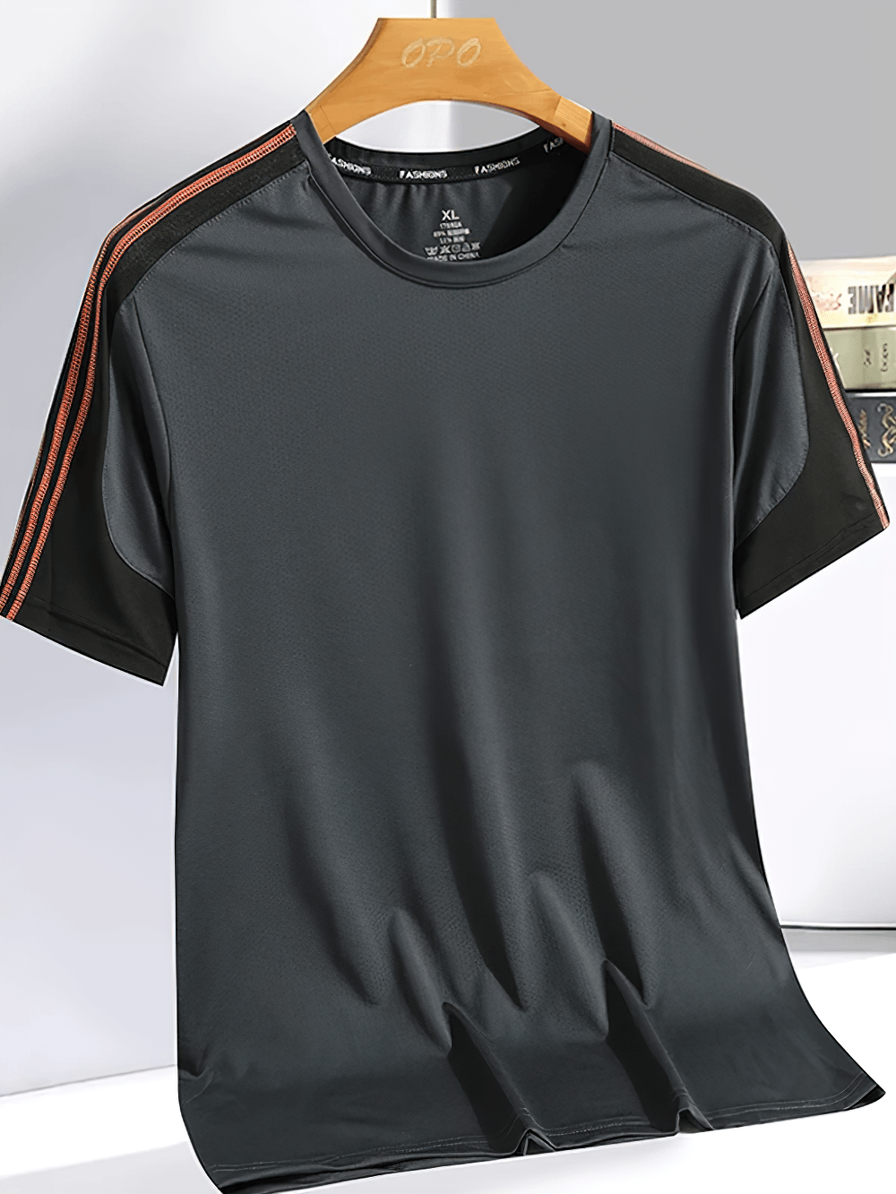 Men's Ice Silk Quick Dry Crewneck Training T-Shirt - SF4637 in dark gray with contrast sleeves