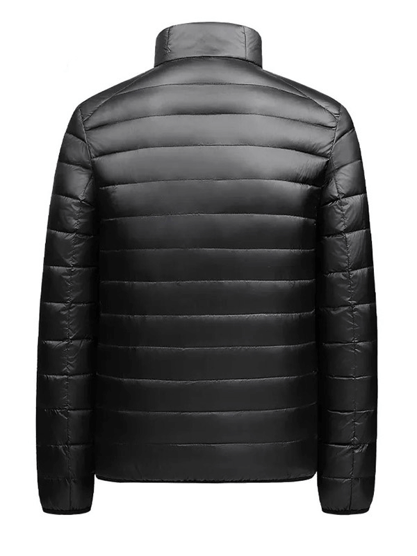 Back view of a men's insulated black down jacket with stand collar, perfect for outdoor activities, made from durable nylon material.