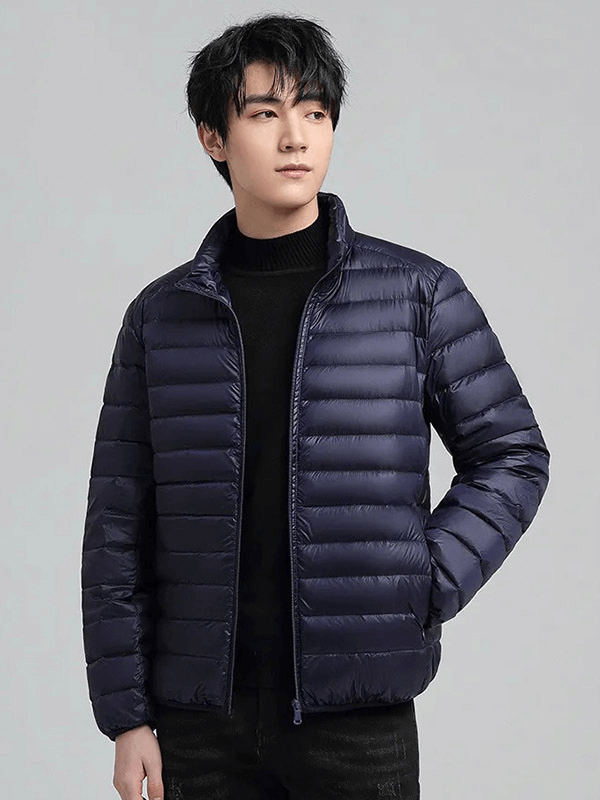 Model wearing men's insulated down jacket, stand collar, navy, lightweight nylon, outdoor gear, SF1996