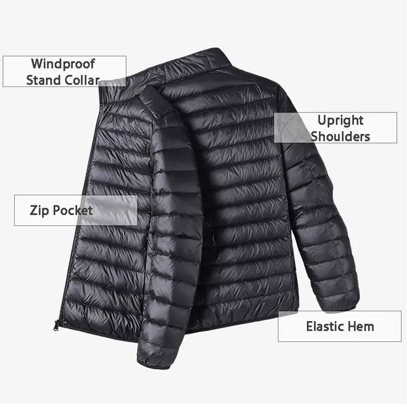 Men's insulated down jacket with windproof stand collar, zip pocket, upright shoulders, and elastic hem, perfect for outdoors.