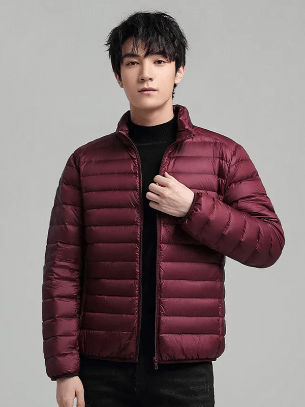Men's burgundy insulated down jacket with stand collar, perfect for outdoor activities, showing waterproof and breathable design.