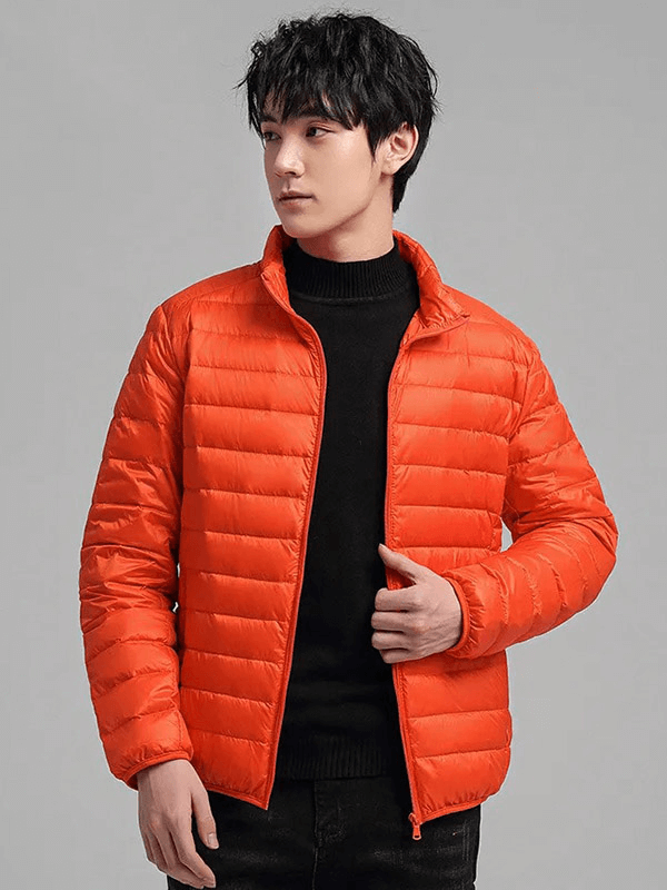 Men's insulated down jacket with stand collar in orange, perfect for outdoor activities, water-resistant, windproof, breathable nylon design.