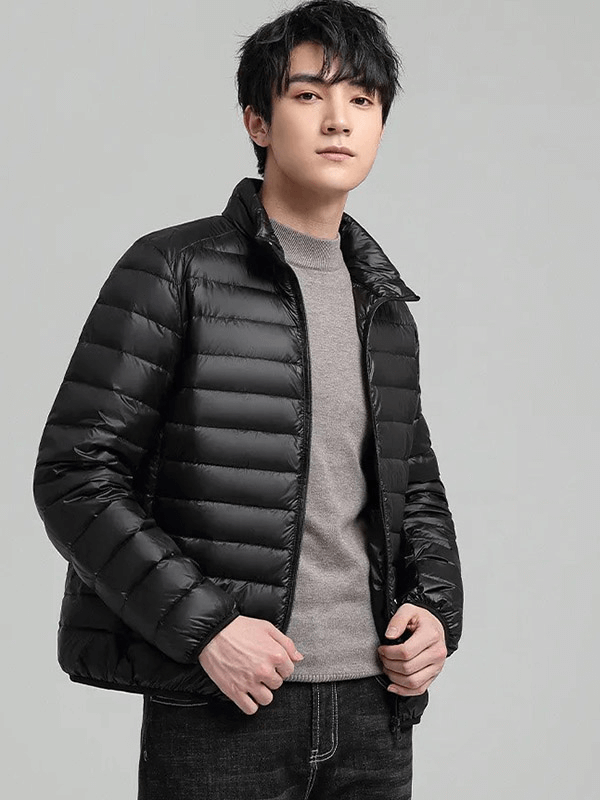 Men's insulated down jacket with stand collar, SF1996, waterproof, windproof, and breathable, perfect for outdoor activities. Black color.