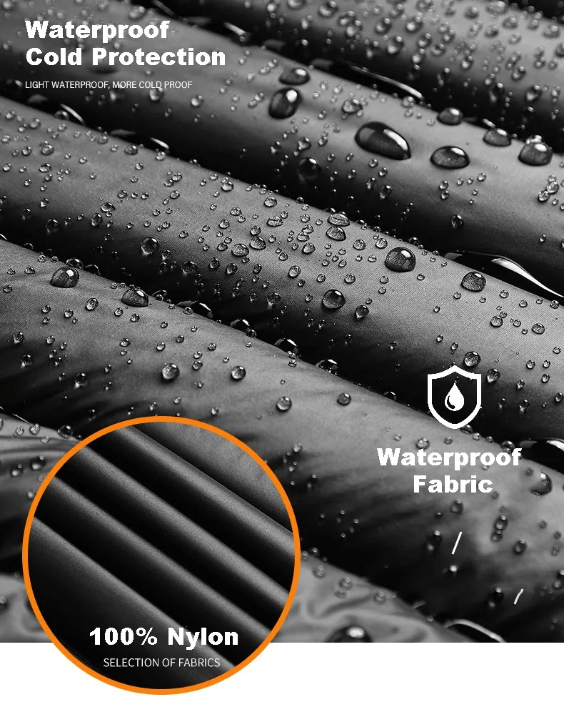 Close-up of waterproof nylon fabric with water droplets on a Men's Insulated Down Jacket, highlighting its cold protection features.
