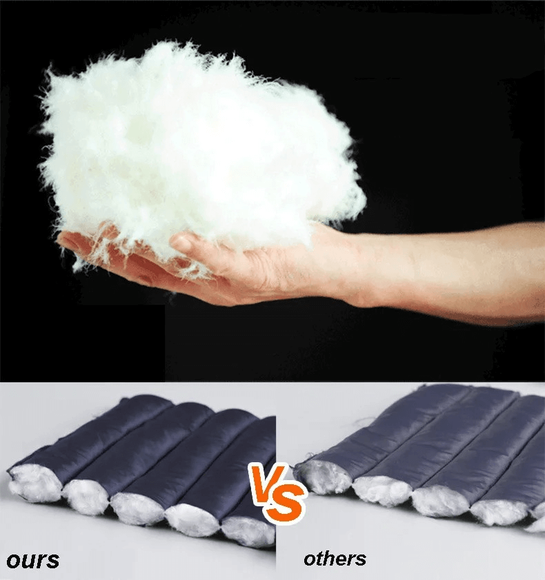 Comparative image of white duck-down material showing superior fluffiness versus compact tubes labeled 'ours' and 'others'.