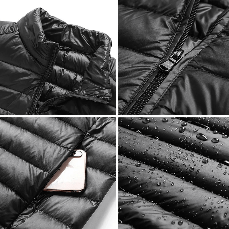 Close-up of a men's black insulated down jacket featuring a stand collar, zip closure, water-resistant fabric, and convenient chest pocket.