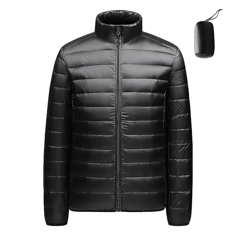 Men's Insulated Down Jacket with stand collar, nylon material, black color, lightweight, waterproof, and windproof. Model SF1996.