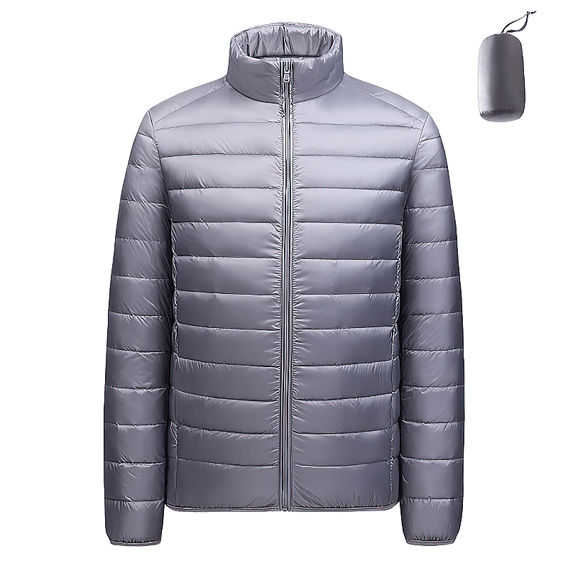Men's insulated down jacket in gray with stand collar, lightweight nylon, perfect for cold, outdoor adventures. Model SF1996.