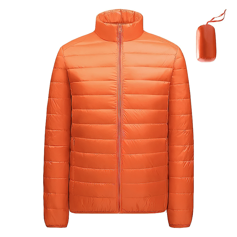 Men's orange insulated down jacket with stand collar, waterproof and windproof, lightweight, perfect for outdoor activities.